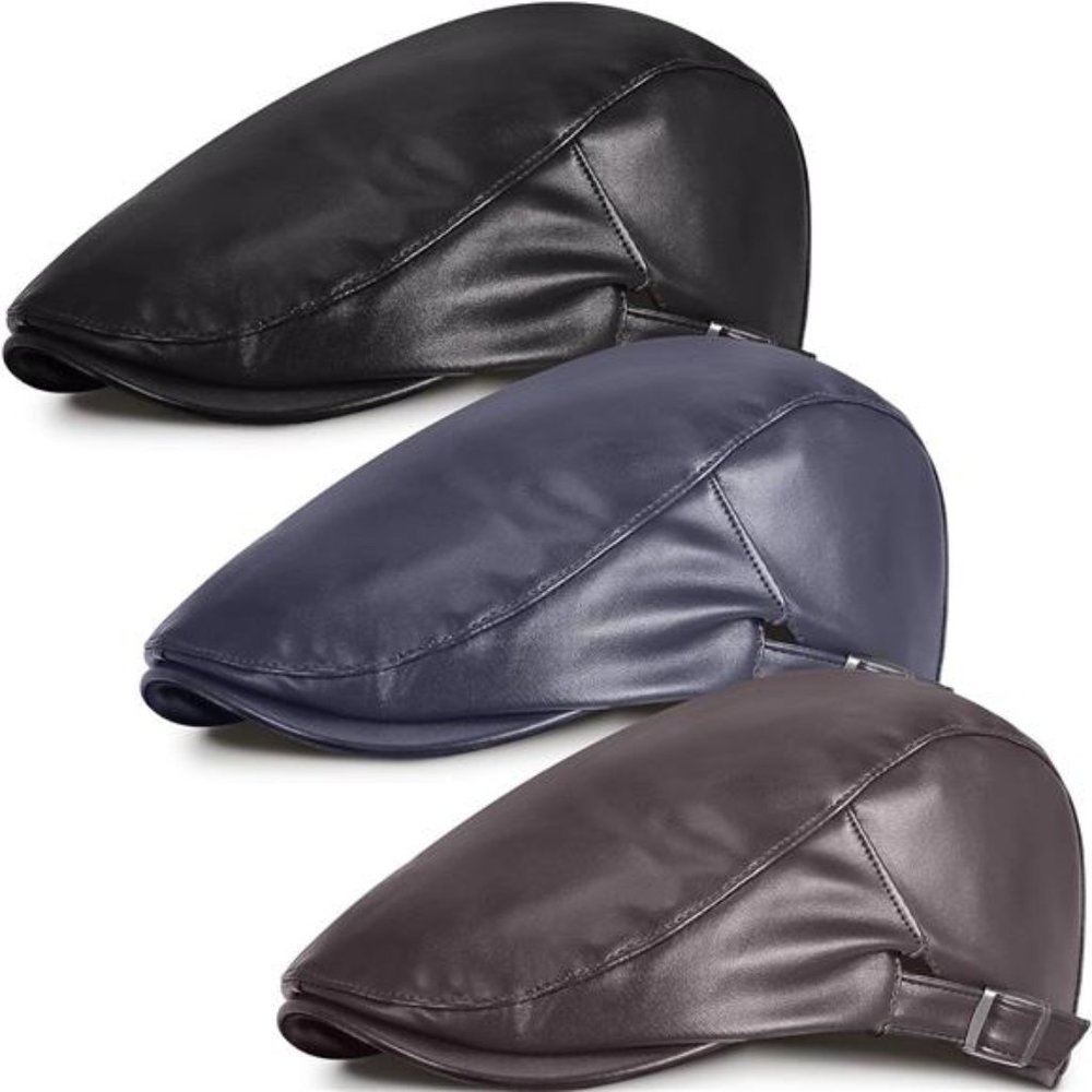 NEW 3 Pack Mens Leather Beret Hats